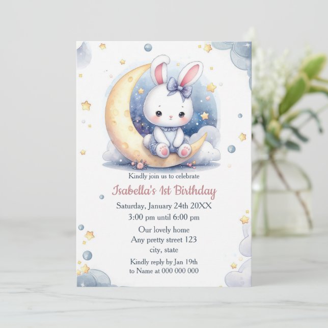 Invitación lindo conejo y adorable cumpleaños de luna (Anverso de pie)