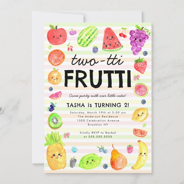 Invitación Lindo Cumpleaños 2 TWO-tti Frutti Frutas de Verano (Anverso)