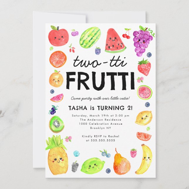 Invitación Lindo Cumpleaños 2 TWO-tti Frutti Frutas de Verano (Anverso)