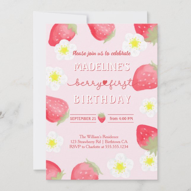 Invitación lindo cumpleaños de Berry Sweet Strawberry (Anverso)