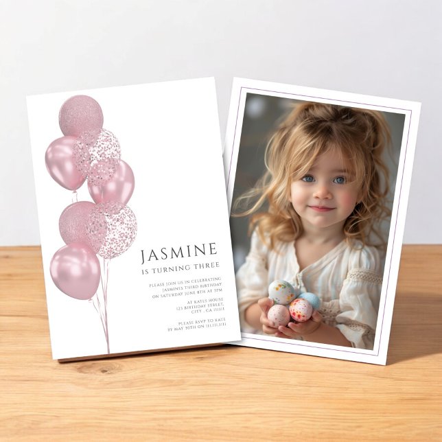 Invitación lindo cumpleaños de globos (pink balloons birthday invitation with photo , modern minimal design style)