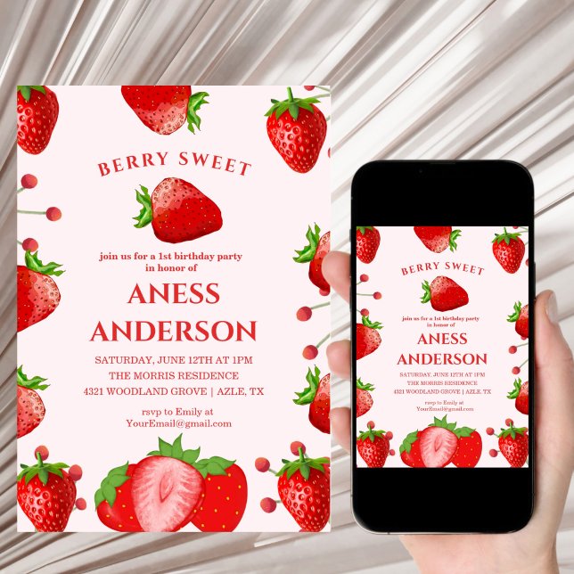 Invitación lindo Cumpleaños Primera Dulce Fresa moderno (Subido por el creador)
