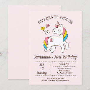 Invitación Lindo cumpleaños Rainbow Unicorn