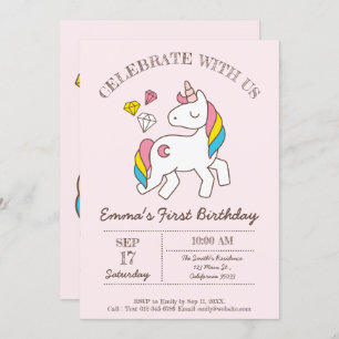 Invitación Lindo cumpleaños Rainbow Unicorn