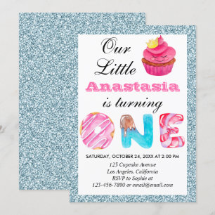 Invitación Lindo Cupcake Brillante Azul Claro Cumpleaños 1 Un