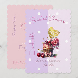 Invitación Lindo Cupcake Floral Corazón con Lazo de Cereza Pa