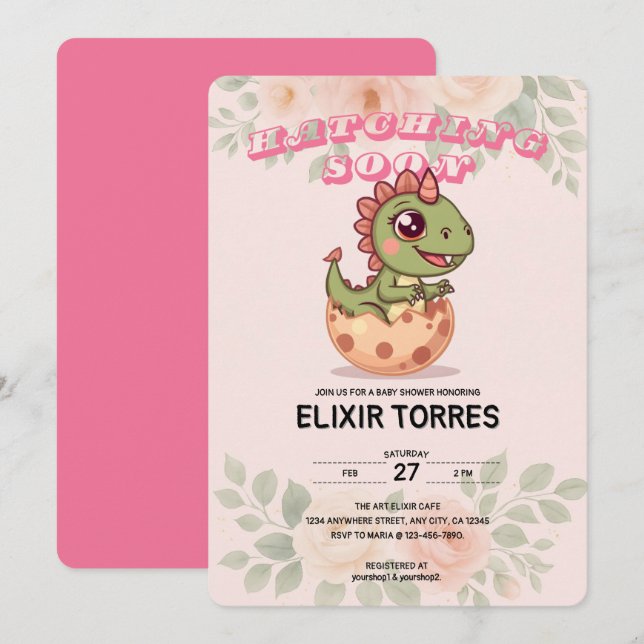 Invitación Lindo Dino Rosa a punto de Eclosionar (Anverso / Reverso)