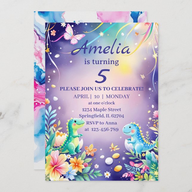 Invitación Lindo dinosaur bebé verde con tema azul (Anverso / Reverso)