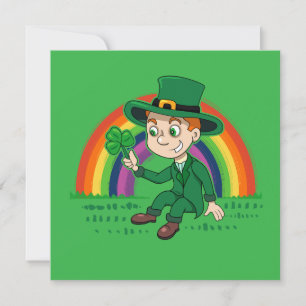 Invitación Lindo duende de dibujos animados con trébol y arco