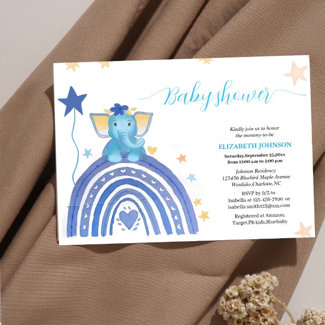Invitación lindo elefante azul bebé con ducha de bebé arco ir (Subido por el creador)