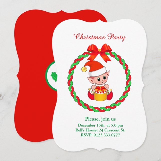 Invitación Lindo Elfo de Navidad en Blanco Verde y Rojo (Anverso / Reverso)