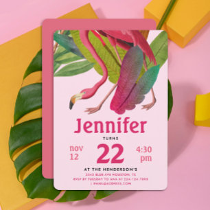 Invitación Lindo Flamenco Rosa Chica Tropical Aloha Cumpleaño