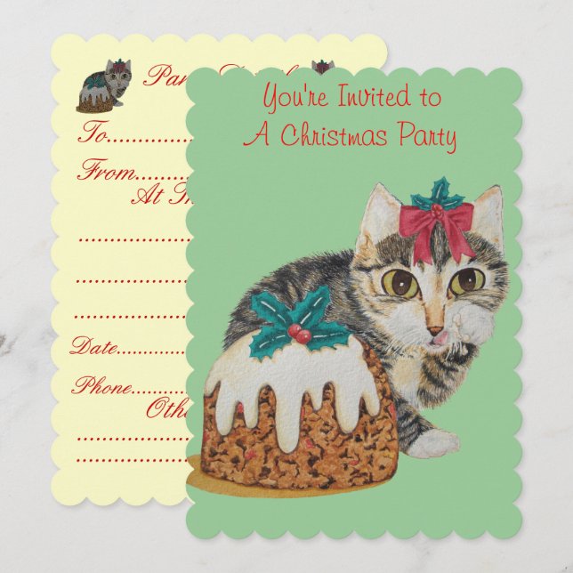 Invitación lindo gatito gris vestido de gatito para navidades (Anverso / Reverso)