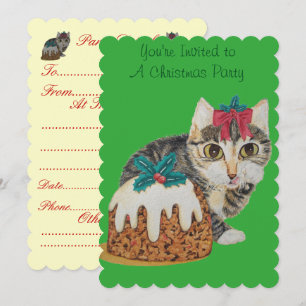Invitación lindo gatito grisáceo lamiendo navidades de pata