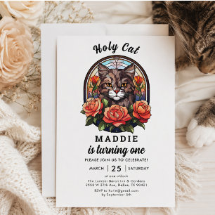 Invitación lindo gato ¡cumplo uno! Cumpleaños de niña gato 1 