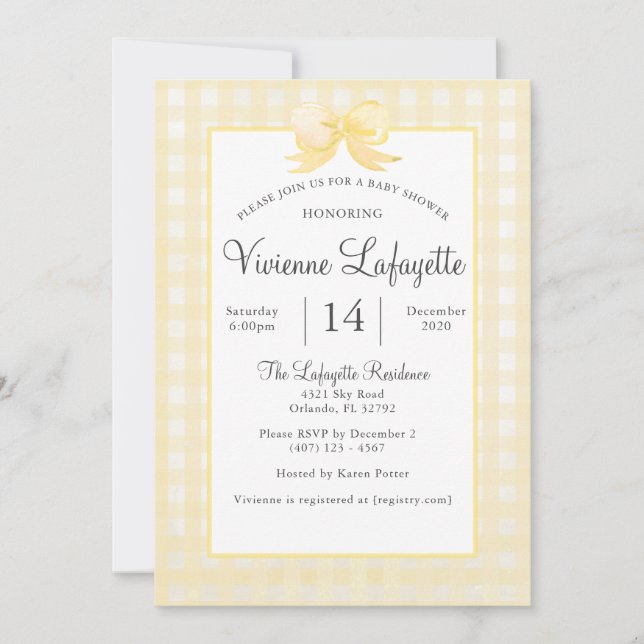 Invitación Lindo Gingham amarillo con Bow Baby Shower (Anverso)