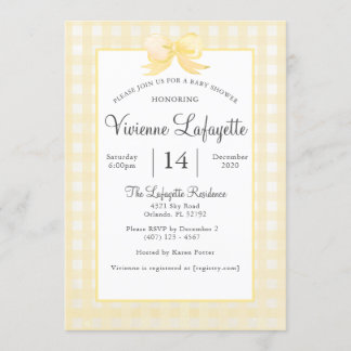 Invitación Lindo Gingham amarillo con Bow Baby Shower