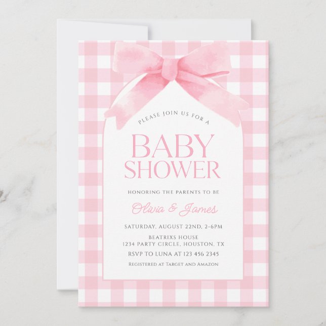 Invitación Lindo Gingham rosa con Baby Shower Chica Bow (Anverso)