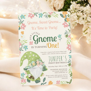 Invitación Lindo Green Floral Woodland Gnome 1º cumpleaños