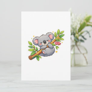 Invitación Lindo Koala Durmiendo en Rama de Eucalipto Kawaii