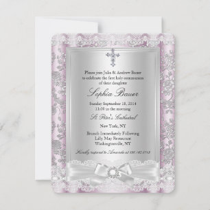 Invitación Lindo lazo cruz primera comunión rosa 3