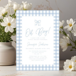 Invitación Lindo lazo de gingham azul Oh chico Fiesta de bebé