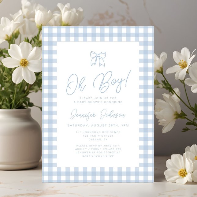 Invitación Lindo lazo de gingham azul Oh chico Fiesta de bebé (Cute Blue Gingham Bow Boy Baby Shower Invitation)