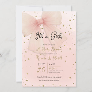 Invitación Lindo lazo de tul rosa y confeti dorado para baby
