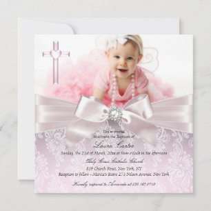 Invitación Lindo lazo y cruz foto Bautizo/rosado