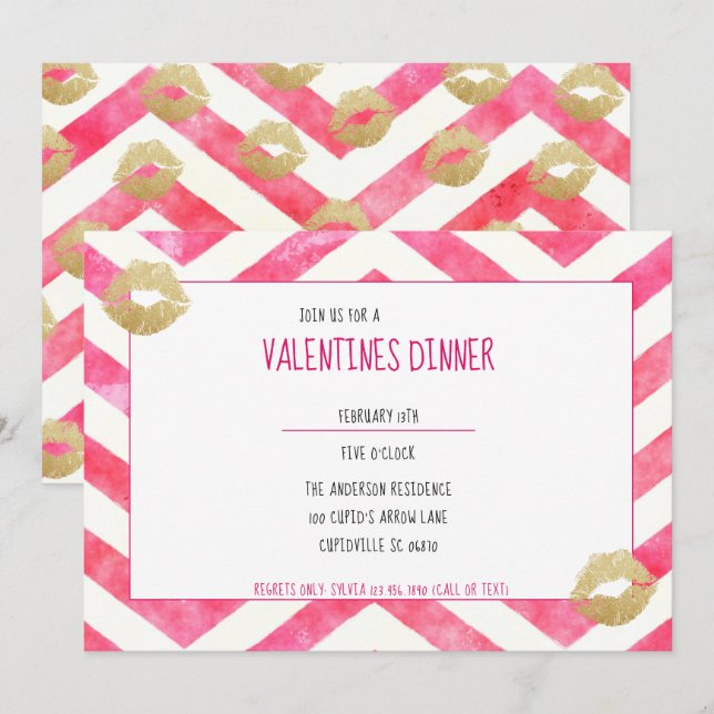 Invitación Lindo Lips de Oro Chevron Rosado Fiesta San Valent (Anverso / Reverso)