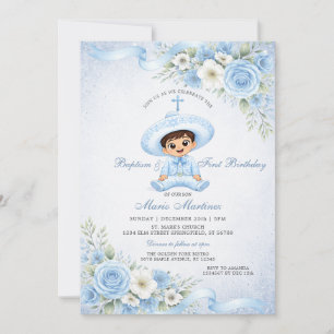 Invitación Lindo Niño Charro Azul Polvoriento Floral Bautizo 