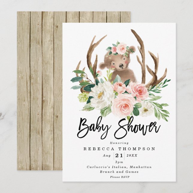 Invitación lindo oso boho flor moderna ducha bebé (Anverso / Reverso)