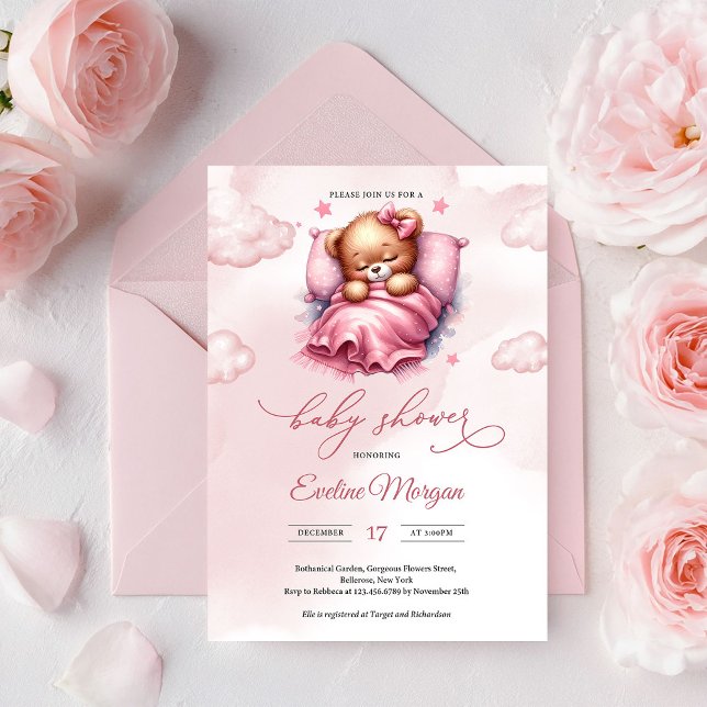 Invitación Lindo oso de peluche rosa dormido en la nube con a (Cute Teddy Bear on Pink Cloud Baby Shower Invitation Editable Printable PDF Template)
