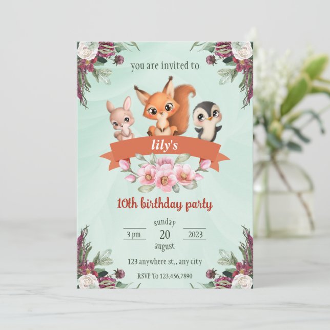 Invitación lindo personalizado animal ardilla pingüino (Anverso de pie)