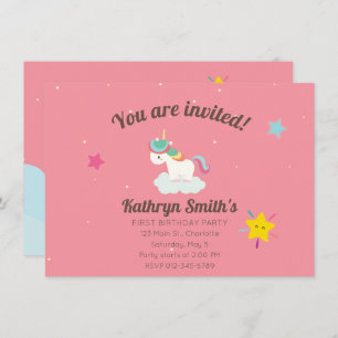 Invitación Lindo Rainbow Unicorn con estrellas.Cumpleaños.