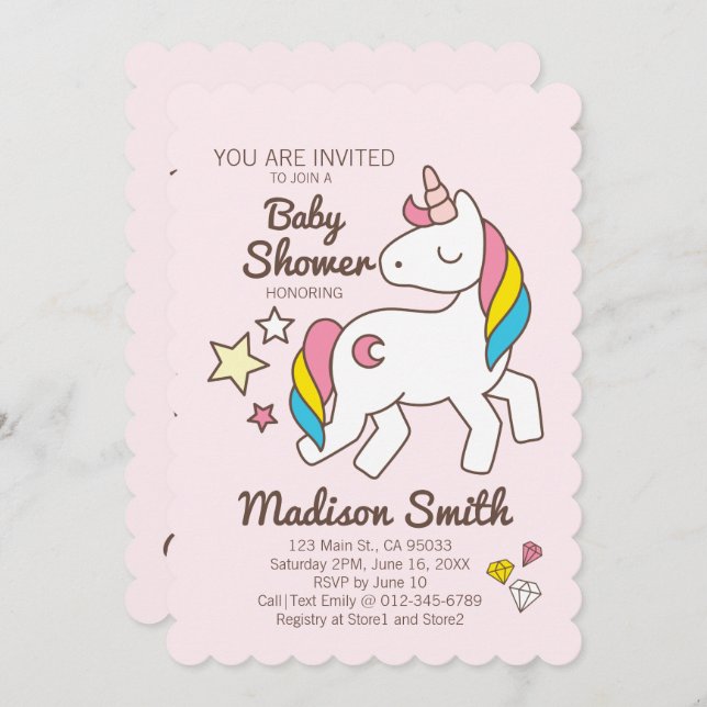 Invitación Lindo Rainbow Unicorn y Stars Diamond Baby Shower (Anverso / Reverso)