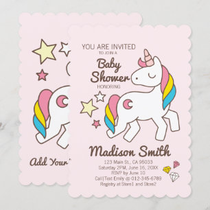 Invitación Lindo Rainbow Unicorn y Stars Diamond Baby Shower