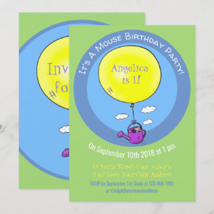 Invitación Lindo ratón en regadera con globo dibujo animado