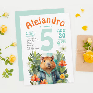 Invitación Lindo Roedor Colorido Cumpleaños Floral Acuarela