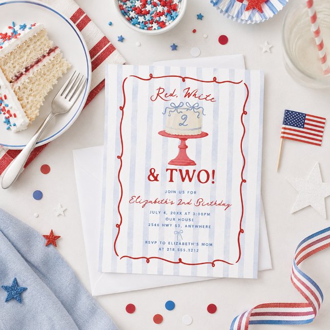 Invitación Lindo Rojo, Blanco y Dos 2º Cumpleaños (Cute Red, White and Two 2nd Birthday Invitation)