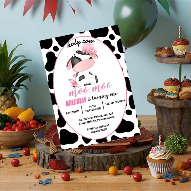 Invitación lindo rosa floral Santa Vaca 1er cumpleaños (Subido por el creador)