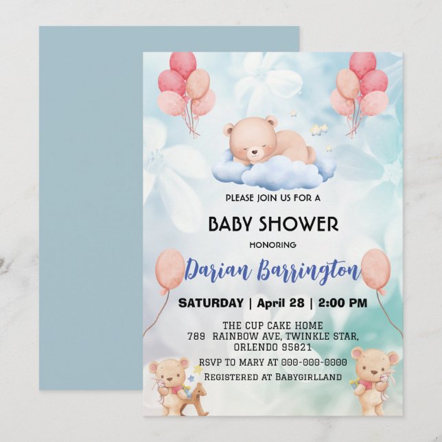 Invitación lindo teddy Bear flor globo bebé ducha fiesta (Anverso / Reverso)