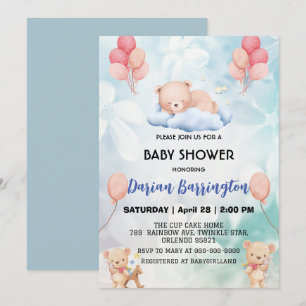 Invitación lindo teddy Bear flor globo bebé ducha fiesta