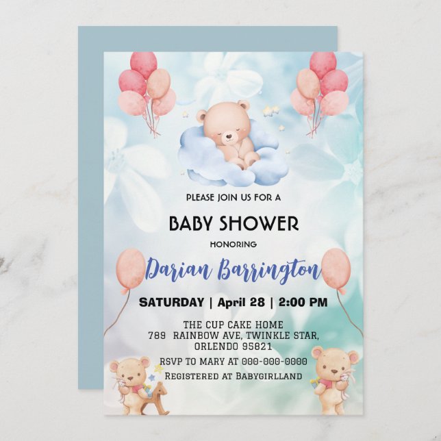 Invitación lindo teddy Bear flores cielo florido bebé ducha p (Anverso / Reverso)