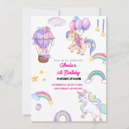 Invitación Lindo Unicornio Arcoíris Fiesta Caprichosa para Ni