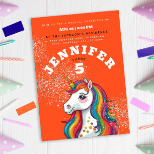 Invitación Lindo Unicornio Caballo Naranja Rojo Brillante Est