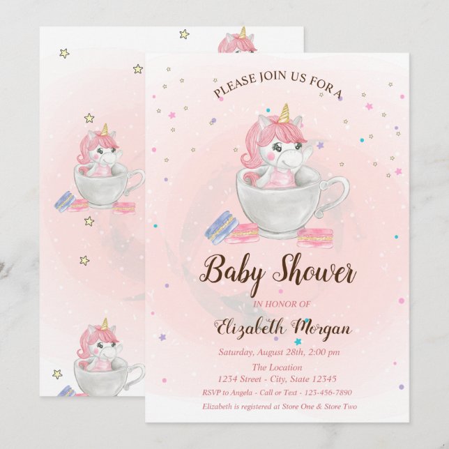 Invitación Lindo Unicornio, Macarrones, Cumpleaños de Estrell (Anverso / Reverso)