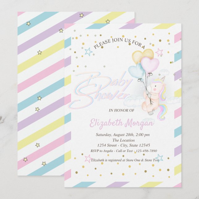 Invitación Lindo Unicornio, Nubes, Globos Estrellas Shower de (Anverso / Reverso)