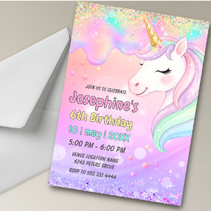 Invitación Lindo unicornio rosa agua colorido que gotea cumpl
