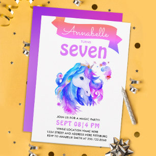 Invitación Lindo Unicornio Rosa Púrpura Fantasía Acuarela